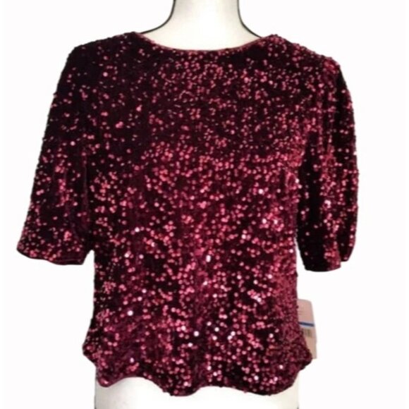 Nanette Lepore Tops - Nanette Lepore Beautiful Red Ruby Velvet Sequined Holiday Event Top Size M